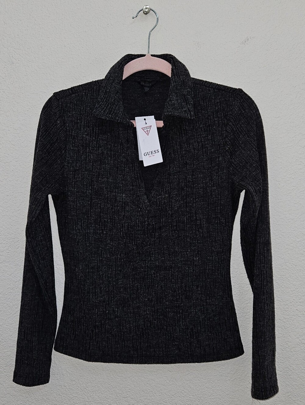 Guess Charcoal Ribbed Long-Sleeve Shirt with Collar. Very Soft As Well.
